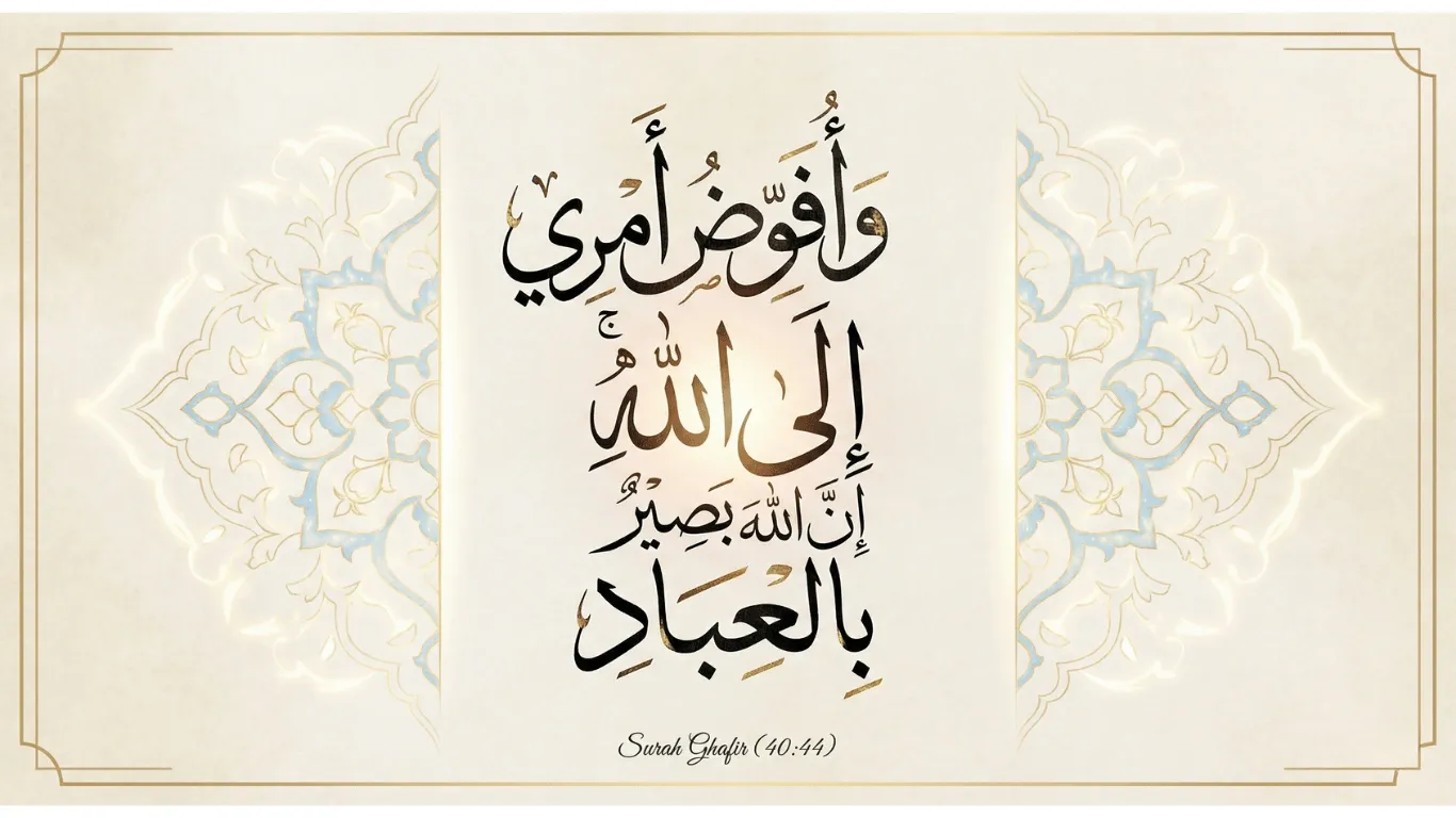 Wa Ufwidhu Amri Ilallah Arabic calligraphy from Surah Ghafir 40:44 in elegant Thuluth style with Islamic geometric background
