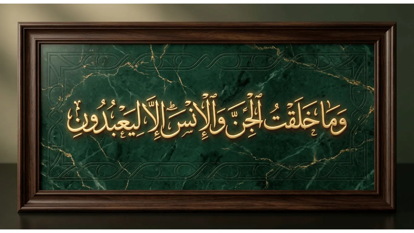 Arabic calligraphy of “Wama Khalaqtul Jinna Wal Insa Illa Liya Budun” (Quran 51:56) meaning Allah created humans and jinn to worship Him – Surah Adh Dhariyat Islamic wall art.