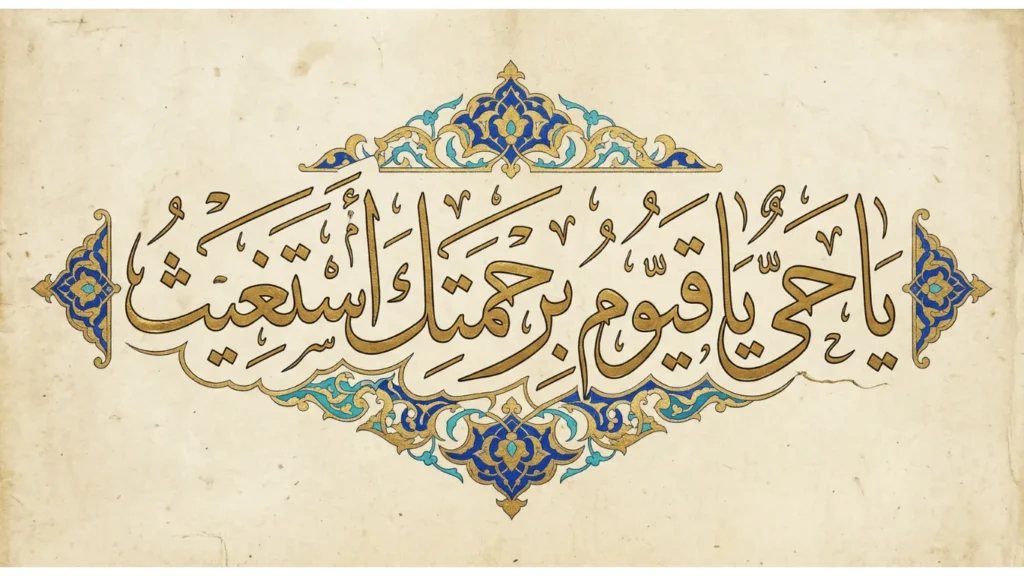 Vintage Islamic calligraphy artwork of “Ya Hayyu Ya Qayyum Birahmatika Astaghees” with ornate blue and gold floral design on parchment background