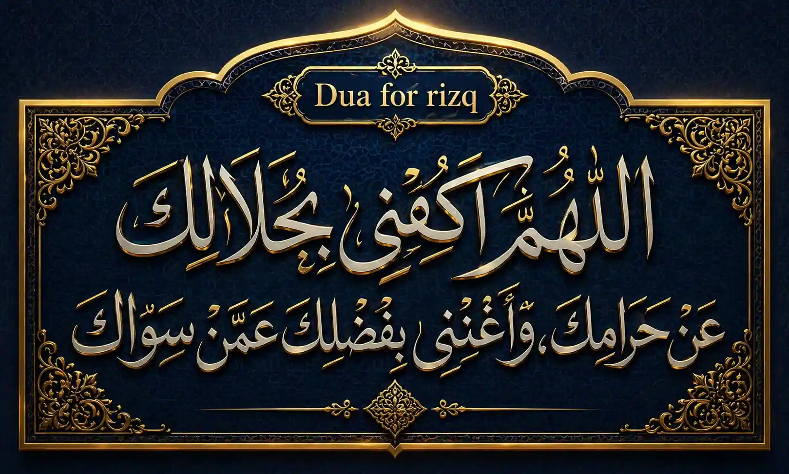 Allahumma akfini bihalalika thuluth calligraphy dua for rizq Islamic art Dua for halal rizq Arabic calligraphy gold blue Islamic design Allahumma akfini bihalalika wa aghnini dua calligraphy artwork Islamic dua for debt relief in elegant Thuluth script design Halal rizq dua Arabic calligraphy with gold ornament frame
