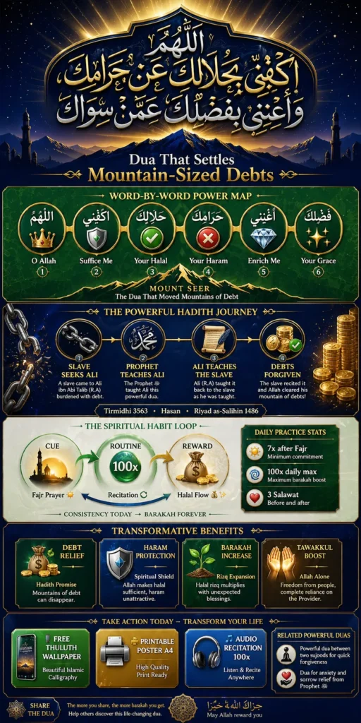 Allahumma akfini bihalalika infographic dua for rizq and debt relief
Islamic infographic halal income dua thuluth calligraphy breakdown
dua for rizq visual guide with hadith and benefits Islamic design
halal rizq wazifa infographic step by step Islamic guide
Islamic dua poster for barakah income and protection from haram