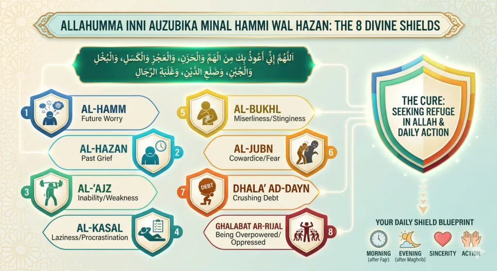 Infographic of Allahumma inni a’udhu bika minal hammi wal hazan showing 8 protections against worry, grief, laziness, fear, and debt in Islam
