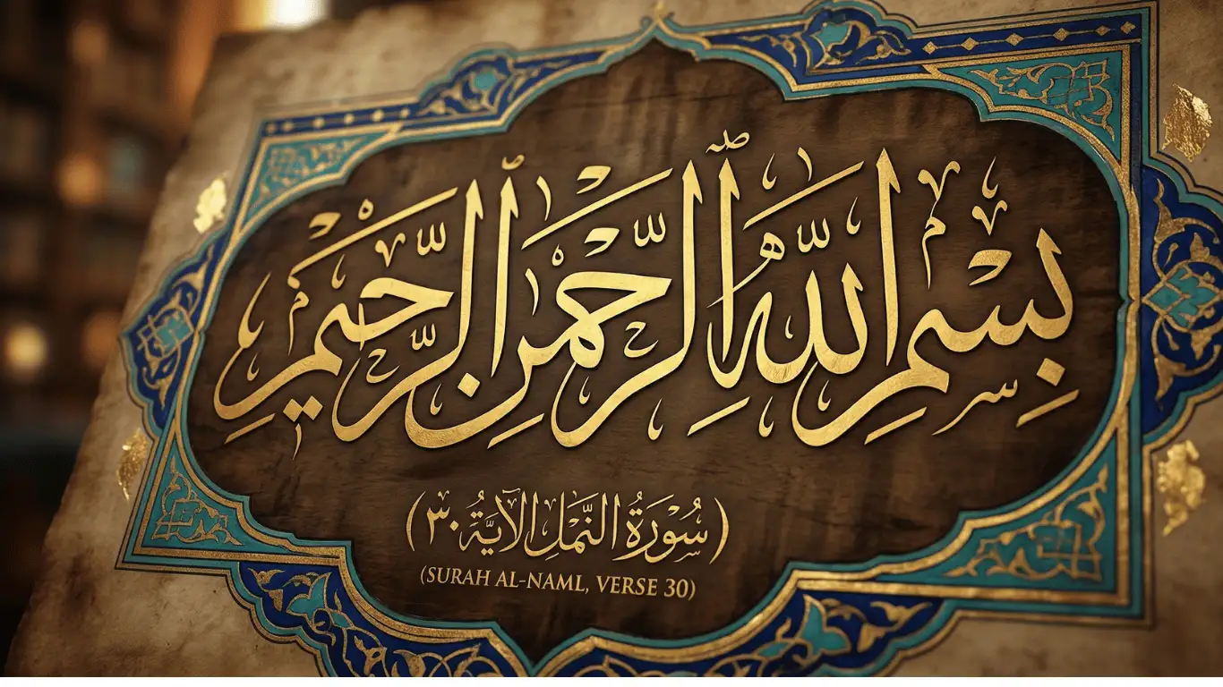 Bismillah ir Rahman ir Raheem Arabic calligraphy in Thuluth style from Surah An-Naml verse 30 with golden lettering and ornamental Islamic frame