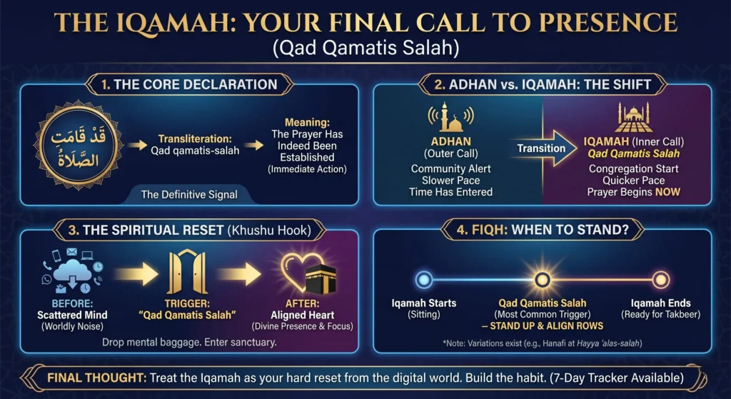 Infographic explaining Iqamah, Qad Qamatis Salah meaning, Adhan vs Iqamah difference, and when to stand for prayer in Islam