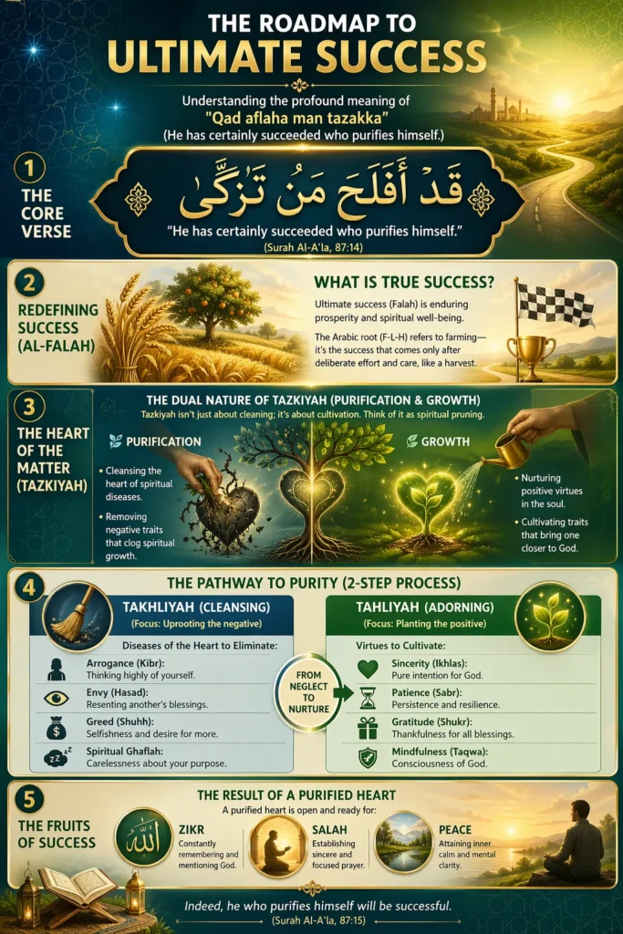 Infographic explaining Qad aflaha man tazakka meaning, Tazkiyah process, and Islamic roadmap to success from Surah Al-A’la 87:14