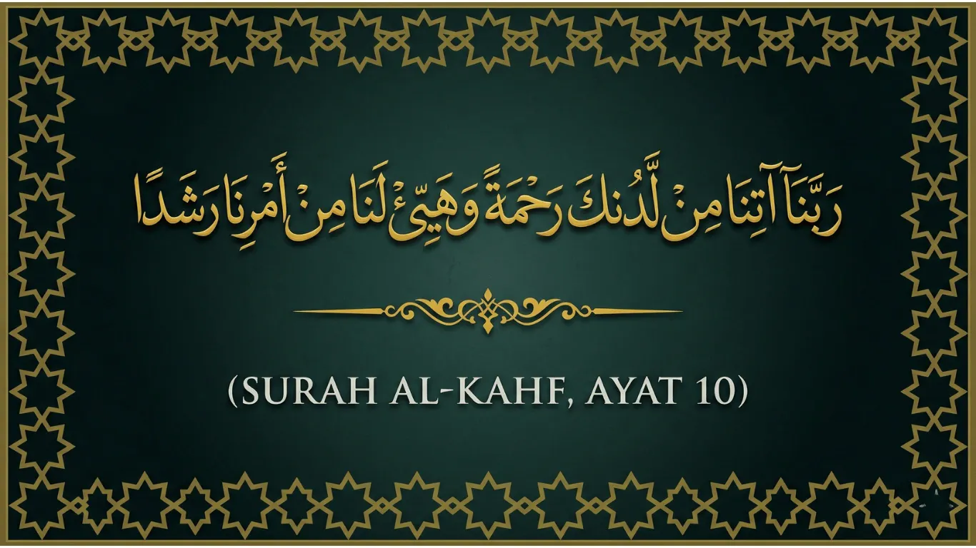 Arabic calligraphy of Rabbana Atina Min Ladunka Rahmatan Surah Al-Kahf Ayat 10 in elegant gold on green background