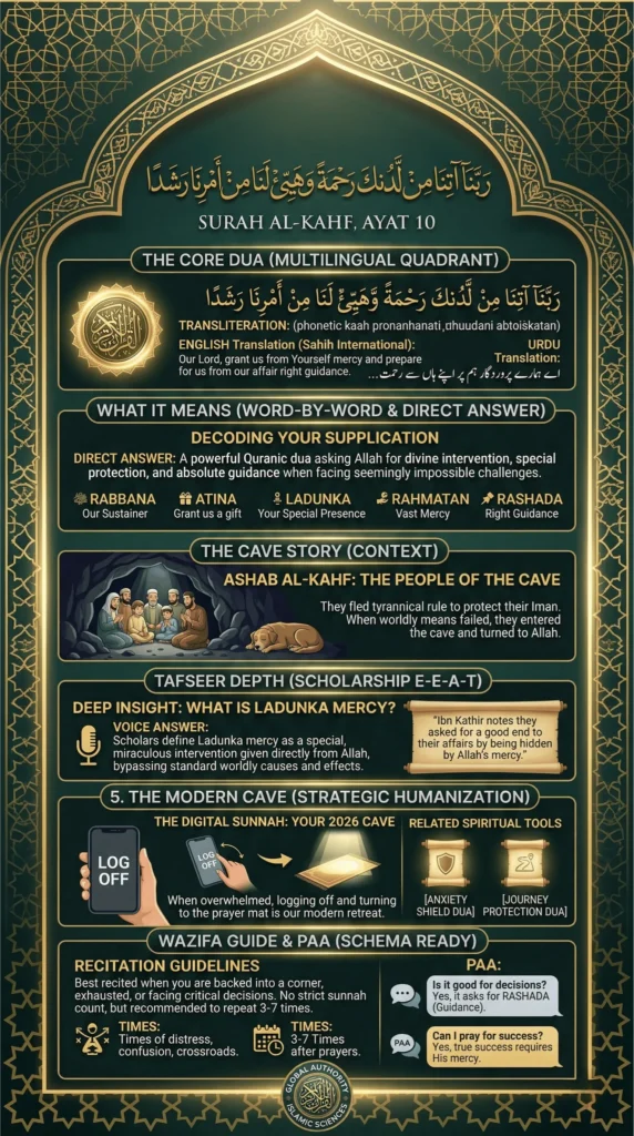 Infographic of Rabbana Atina Min Ladunka Rahmatan Surah Al-Kahf Ayat 10 with meaning, transliteration, tafseer, and Ashab al Kahf story in gold Islamic design