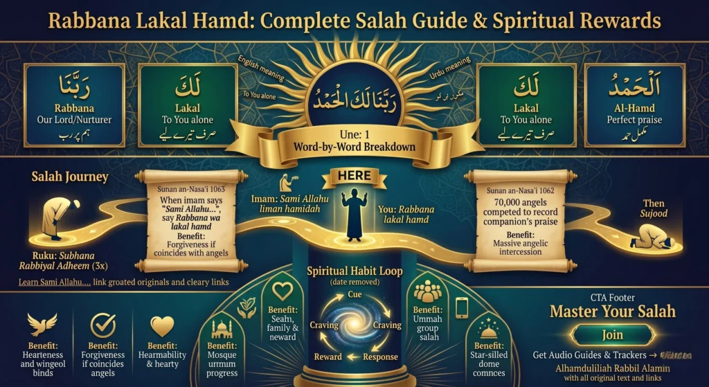 Rabbanā Lakal Ḥamd infographic showing salah steps word by word meaning benefits and hadith references