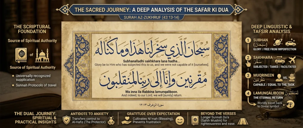 Islamic infographic explaining Safar ki dua with Arabic calligraphy, translation and tafsir from Surah Az-Zukhruf 43:13-14