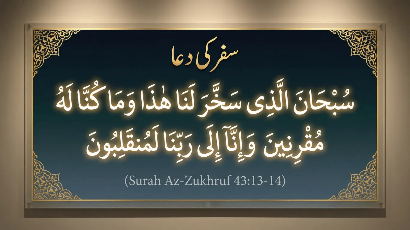 Safar ki dua Arabic calligraphy with Urdu heading and Surah Az-Zukhruf 43:13-14 reference in glowing Islamic art design