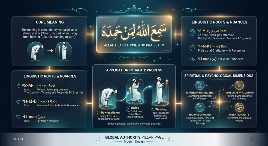 Infographic explaining Sami Allahu Liman Hamidah meaning, Arabic roots, and its role in Salah from ruku to standing