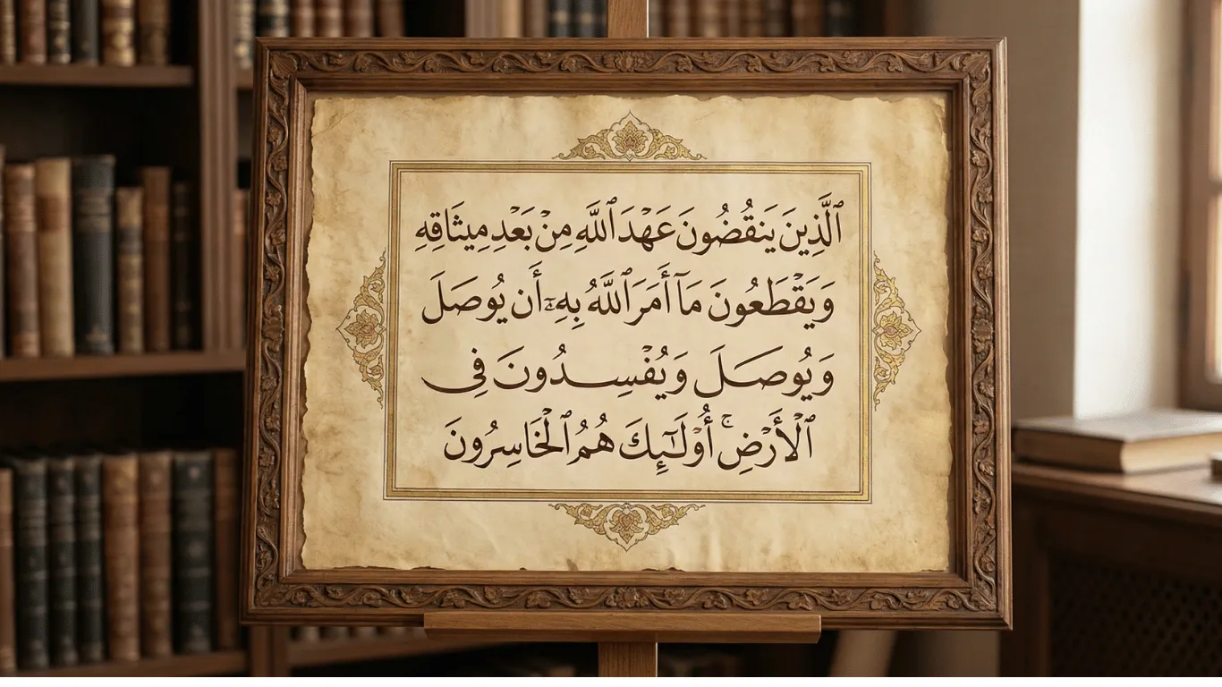 Framed Arabic calligraphy of Surah Al Baqarah Ayat 27 displayed on a wooden easel in a library, illustrating the Quranic verse about upholding Allah's covenant and maintaining ties of kinship.