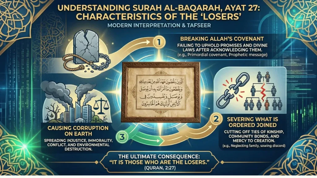 Comprehensive infographic explaining the meaning of Surah Al-Baqarah Ayat 27, visually detailing the three characteristics of the losers: breaking Allah's covenant, severing kinship ties, and causing corruption on earth.