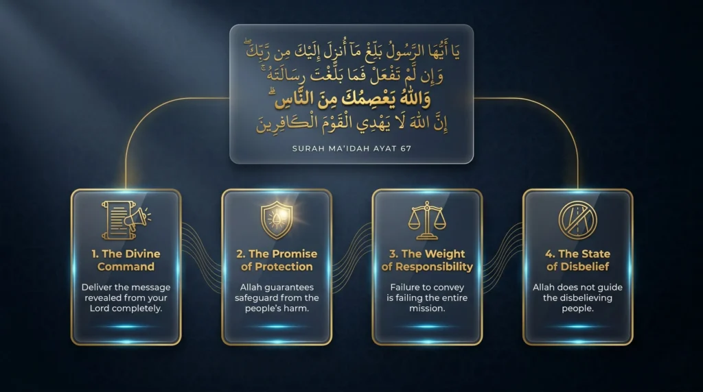 An educational infographic breaking down Surah Al-Ma'idah Ayat 67. The top section features the verse in golden Arabic calligraphy. Below, four glass-like panels connected by glowing lines explain its key themes: 1. The Divine Command (deliver the message), 2. The Promise of Protection (safeguard from harm), 3. The Weight of Responsibility (conveying the mission), and 4. The State of Disbelief. The design uses a dark navy and gold color scheme.