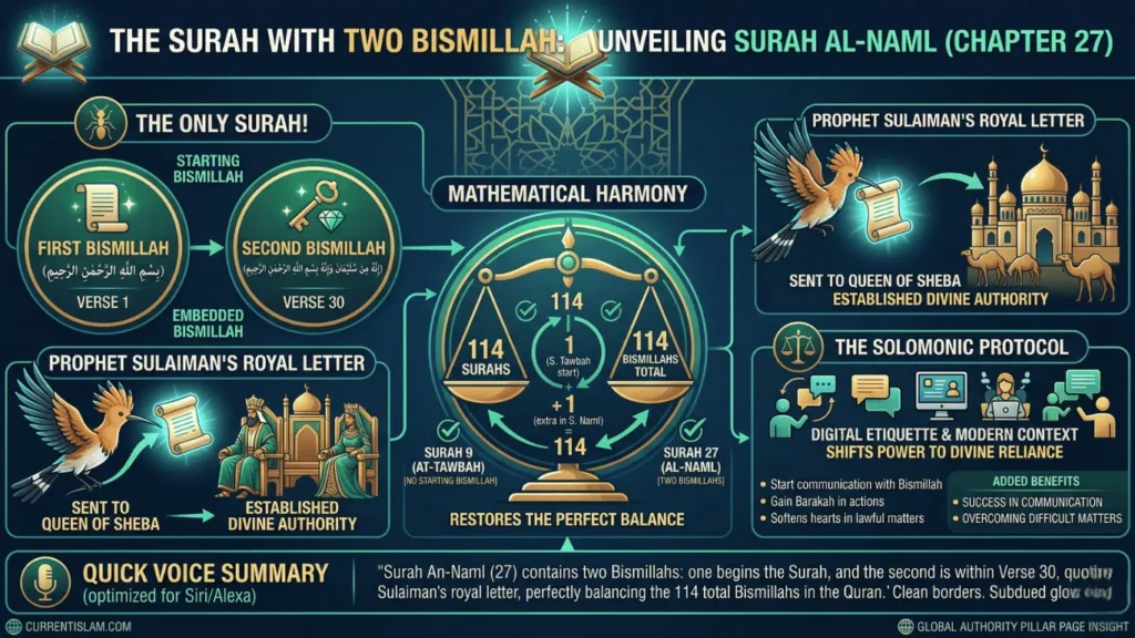 Detailed infographic explaining which Surah has two Bismillah, illustrating Surah Al-Naml's mathematical harmony of 114 chapters, Prophet Sulaiman's royal letter in Verse 30, and the Solomonic Protocol for gaining barakah.