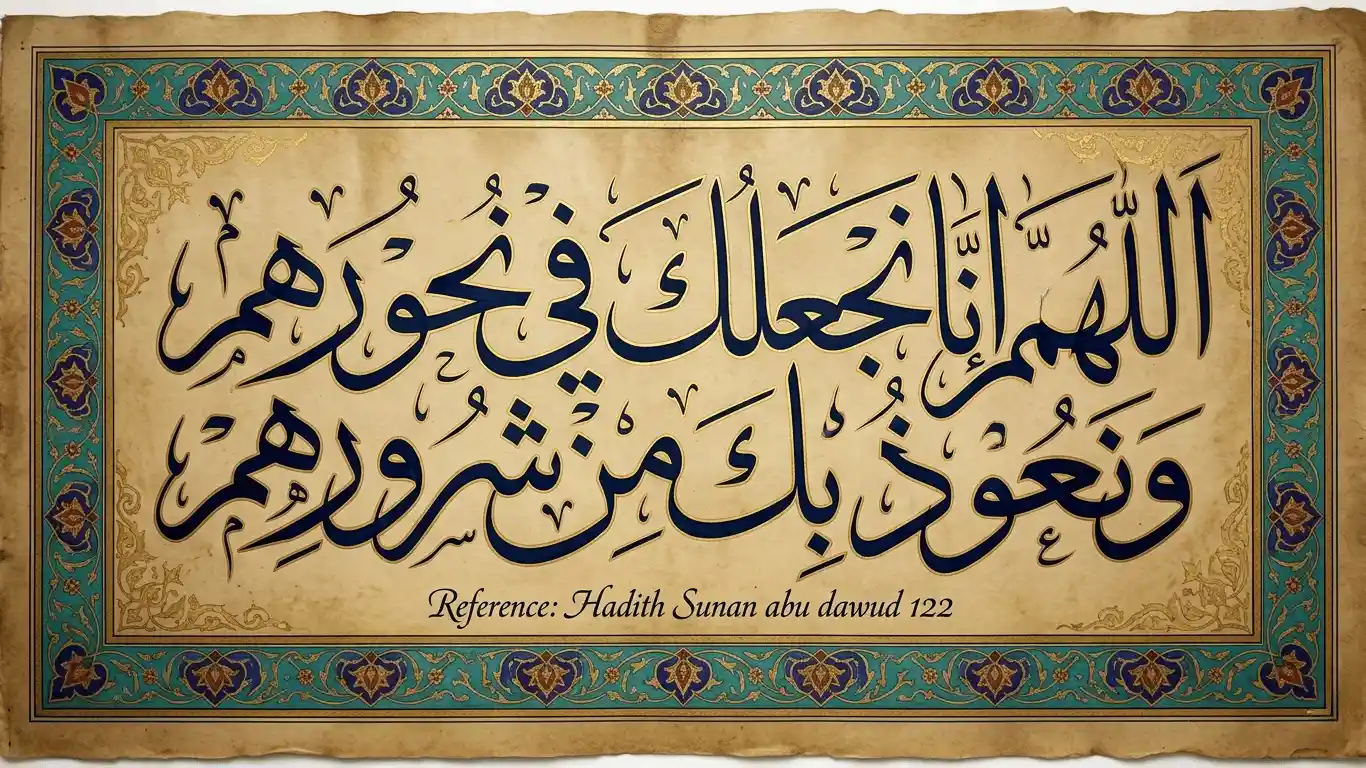 Arabic Islamic dua artwork with the words Allahumma inna najaluka fi nuhurihim wa na’udhu bika min shururihim, referenced to Sunan Abu Dawud 122.