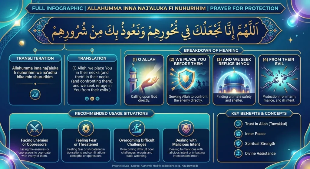 Infographic of Allahumma Inna Naj’aluka Fi Nuhurihim dua with Arabic text, English translation, transliteration, benefits, and protection meaning in Islam