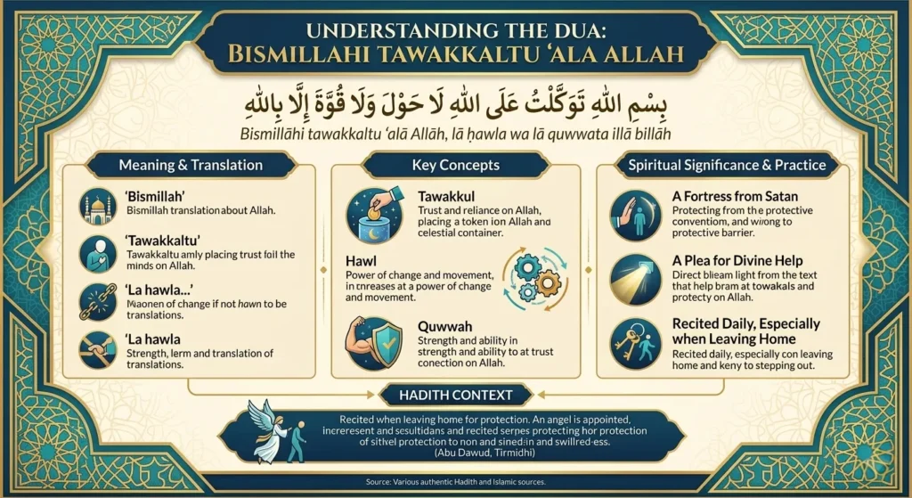 An educational infographic explaining the meaning and spiritual significance of the Islamic protection prayer Bismillahi tawakkaltu ala Allah la hawla wa la quwwata illa billah, detailing concepts of Tawakkul, Hawl, and Quwwah with Sunan Abi Dawud and Tirmidhi Hadith context.