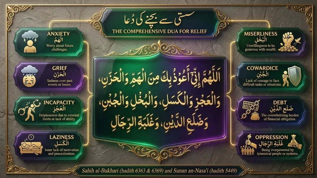 Infographic displaying the comprehensive Prophetic Dua for relief. It features the central Arabic text surrounded by 8 categorized burdens it protects against: Anxiety, Grief, Incapacity, Laziness, Miserliness, Cowardice, Debt, and Oppression, with references to Sahih al-Bukhari and Sunan an-Nasa'i.