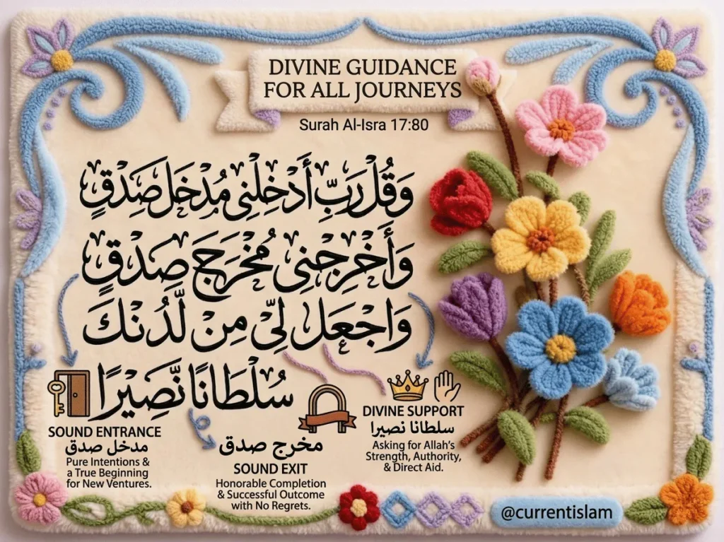Islamic infographic explaining Surah Al-Isra 17:80 with Arabic calligraphy, floral embroidery art, and meanings of truthful entrance, honorable exit, and divine support.