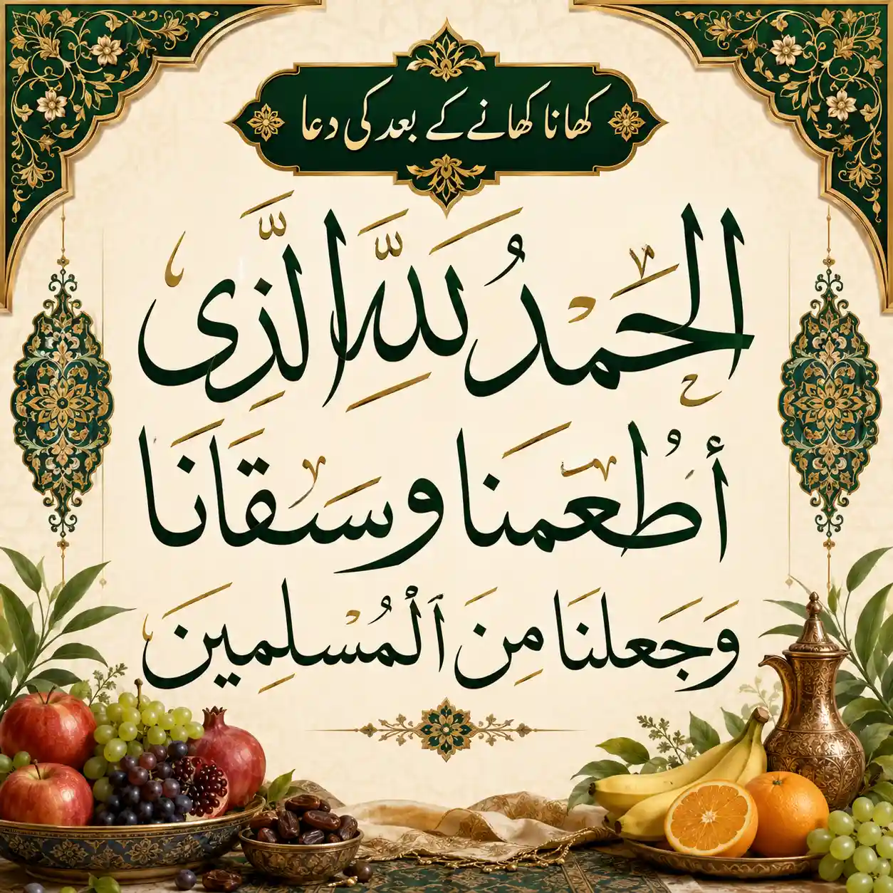 Elegant Arabic Thuluth calligraphy of the Dua after eating food, featuring artistic illustrations of fresh fruits like pomegranates, grapes, and dates on a decorative cream background.