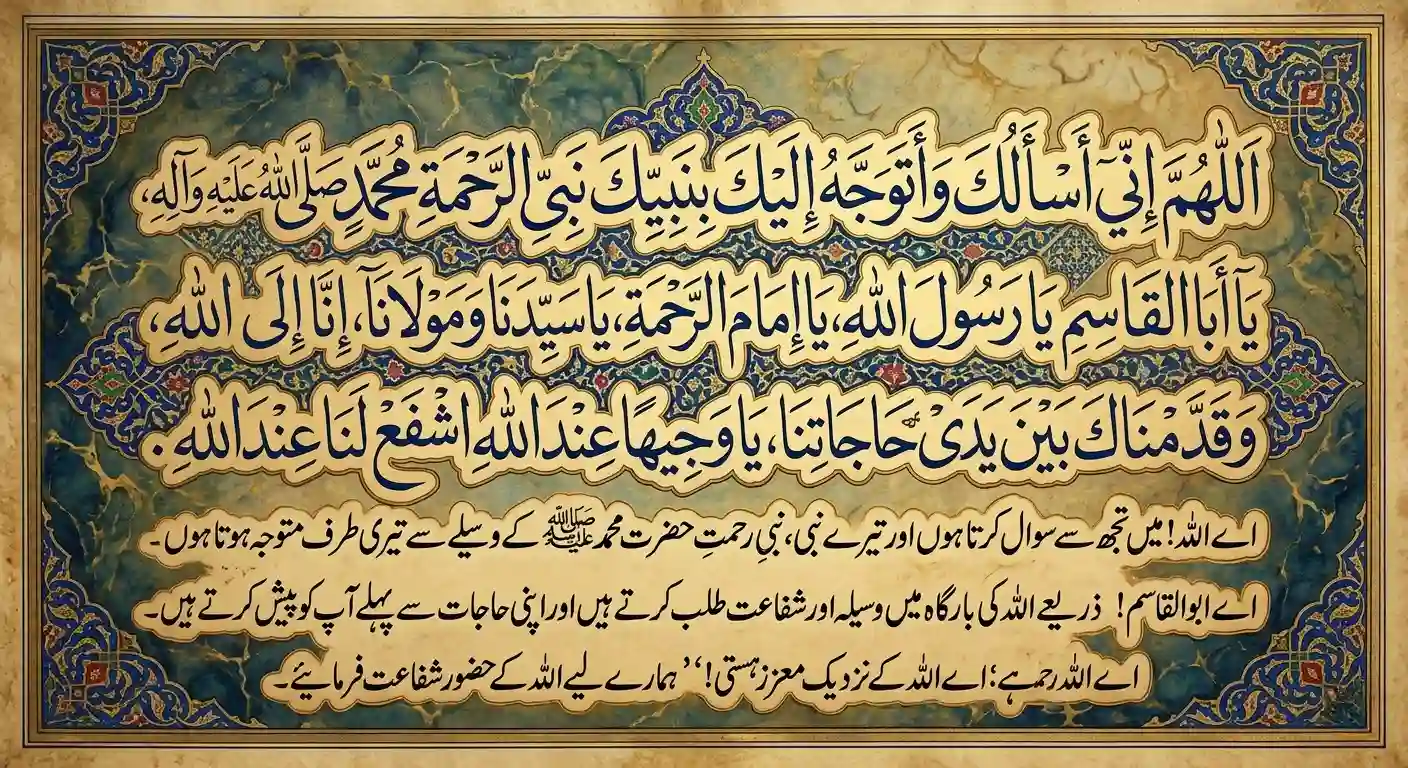 Elegant Islamic calligraphy of Dua-e-Tawassul showing the Arabic prayer starting with "Allahumma inni as'aluka" along with its complete Urdu meaning, set on a classic illuminated manuscript background with blue and gold floral borders.