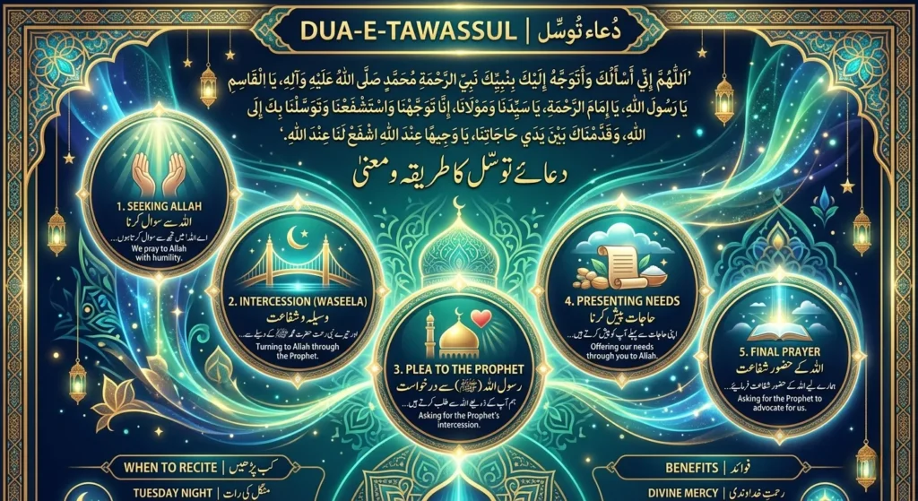 A detailed step-by-step infographic for Dua-e-Tawassul detailing the 5 core stages of the prayer: Seeking Allah, Intercession, Plea to the Prophet, Presenting Needs, and Final Prayer. The graphic includes English and Urdu text, icons, and information on when to recite and its benefits.