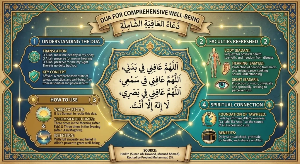 Comprehensive Islamic infographic detailing the Dua for health and well-being (Allahumma 'Afini Fi Badani) with Arabic text, English translation, daily recitation times, and spiritual benefits.