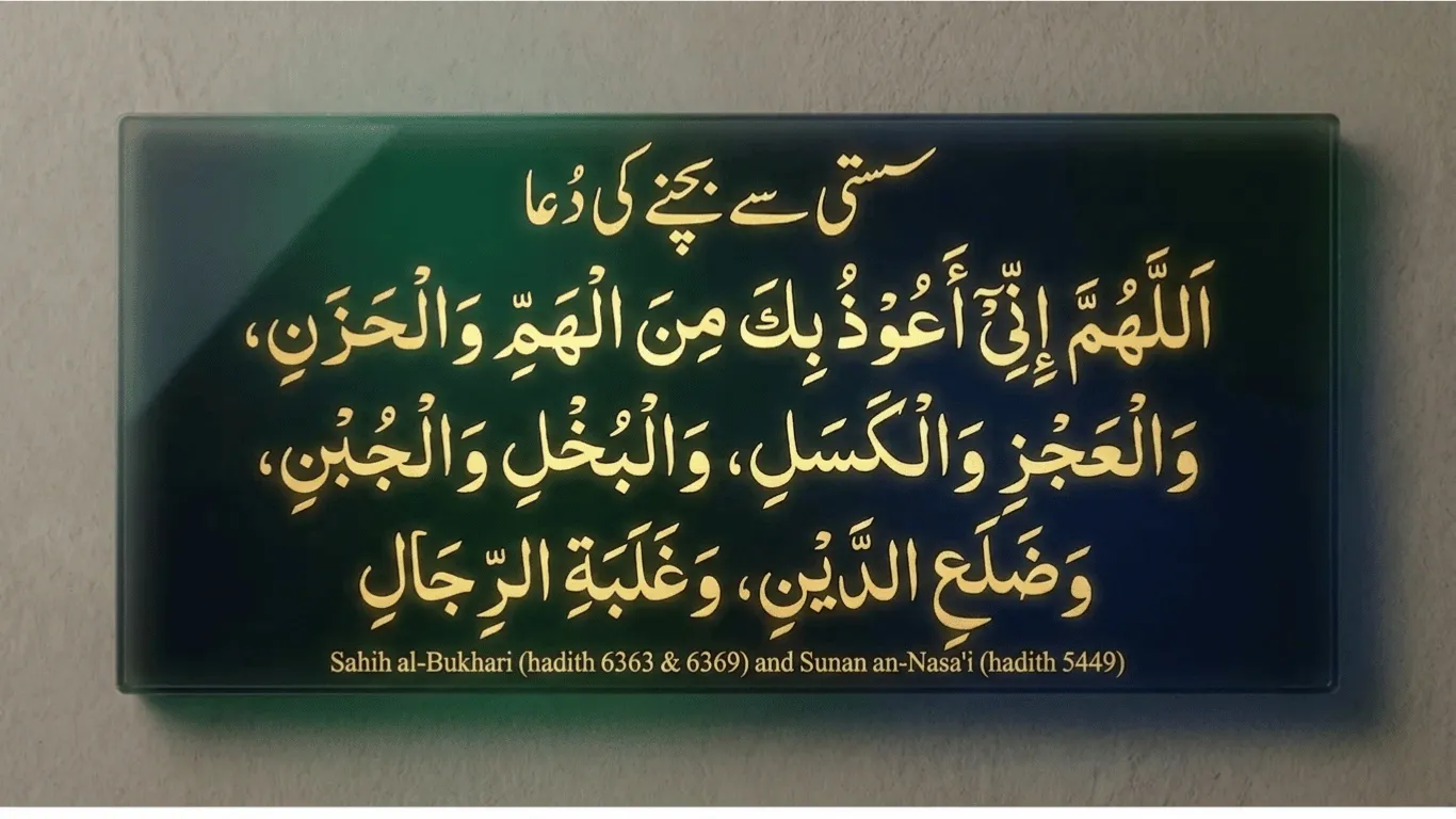 Framed Arabic dua for laziness and anxiety with Urdu heading and hadith reference in gold text on a dark background