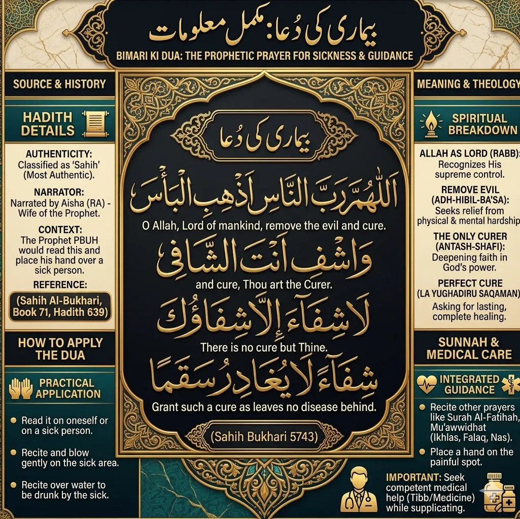 Educational infographic detailing the Islamic Dua for Sickness. It features the central Arabic calligraphy, English translation, Hadith source from Sahih Bukhari 5743, spiritual breakdown of the prayer, and practical guidelines for application alongside medical care.