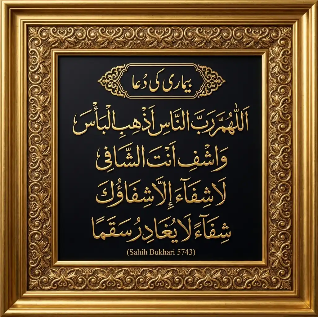 Gold Thuluth Islamic calligraphy of the authentic Prophetic Dua for Sickness (Sahih Bukhari 5743) on a black background, enclosed in an ornate gold frame. The top features the Urdu phrase "Bimari ki dua".