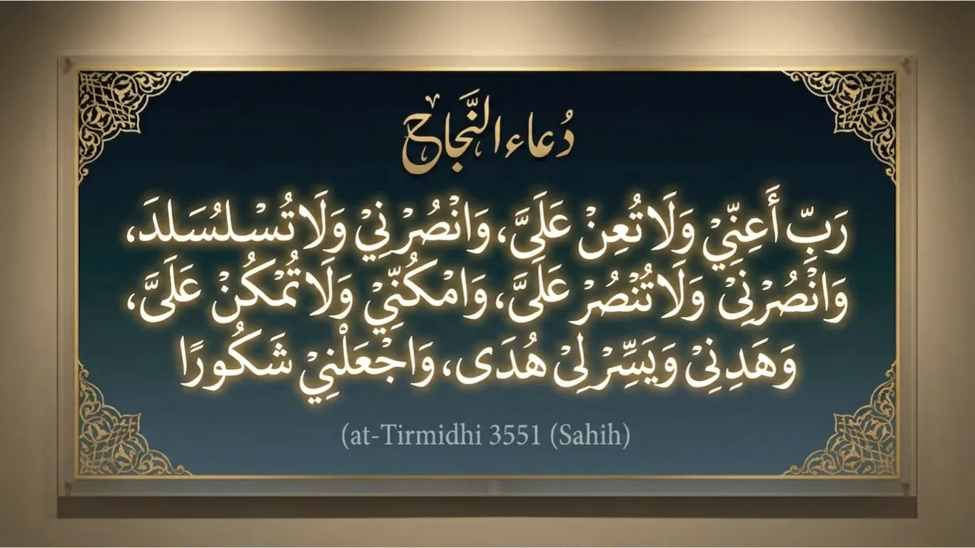 Beautiful Arabic calligraphy of Dua for Success from at-Tirmidhi 3551 with glowing Islamic design.