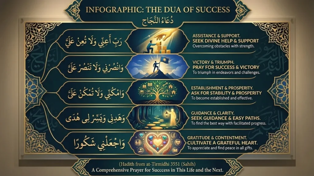 Islamic infographic explaining the Dua of Success with Arabic calligraphy, spiritual meanings, and symbolic illustrations.