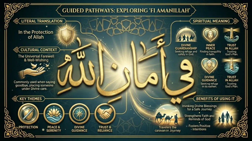 Fi Amanillah Islamic infographic showing meaning, spiritual benefits, and Thuluth Arabic calligraphy in gold design