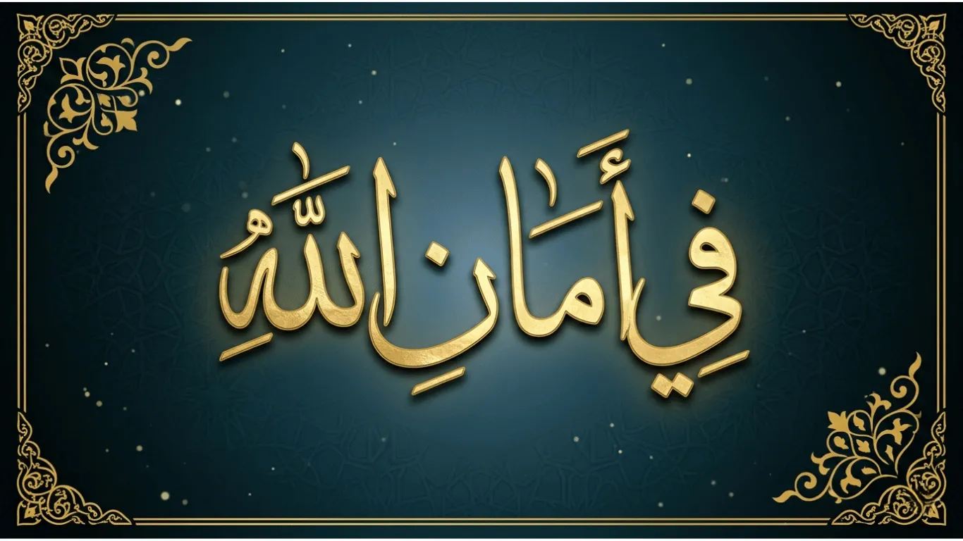 Fi Amanillah Arabic calligraphy in Thuluth style with gold lettering on elegant Islamic background
