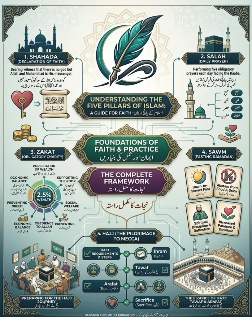 A detailed Islamic infographic visually breaking down the Five Pillars of Islam—Shahada, Salah, Zakat, Sawm, and Hajj—using icons, charts, and descriptive text translated in both the English and Urdu languages.