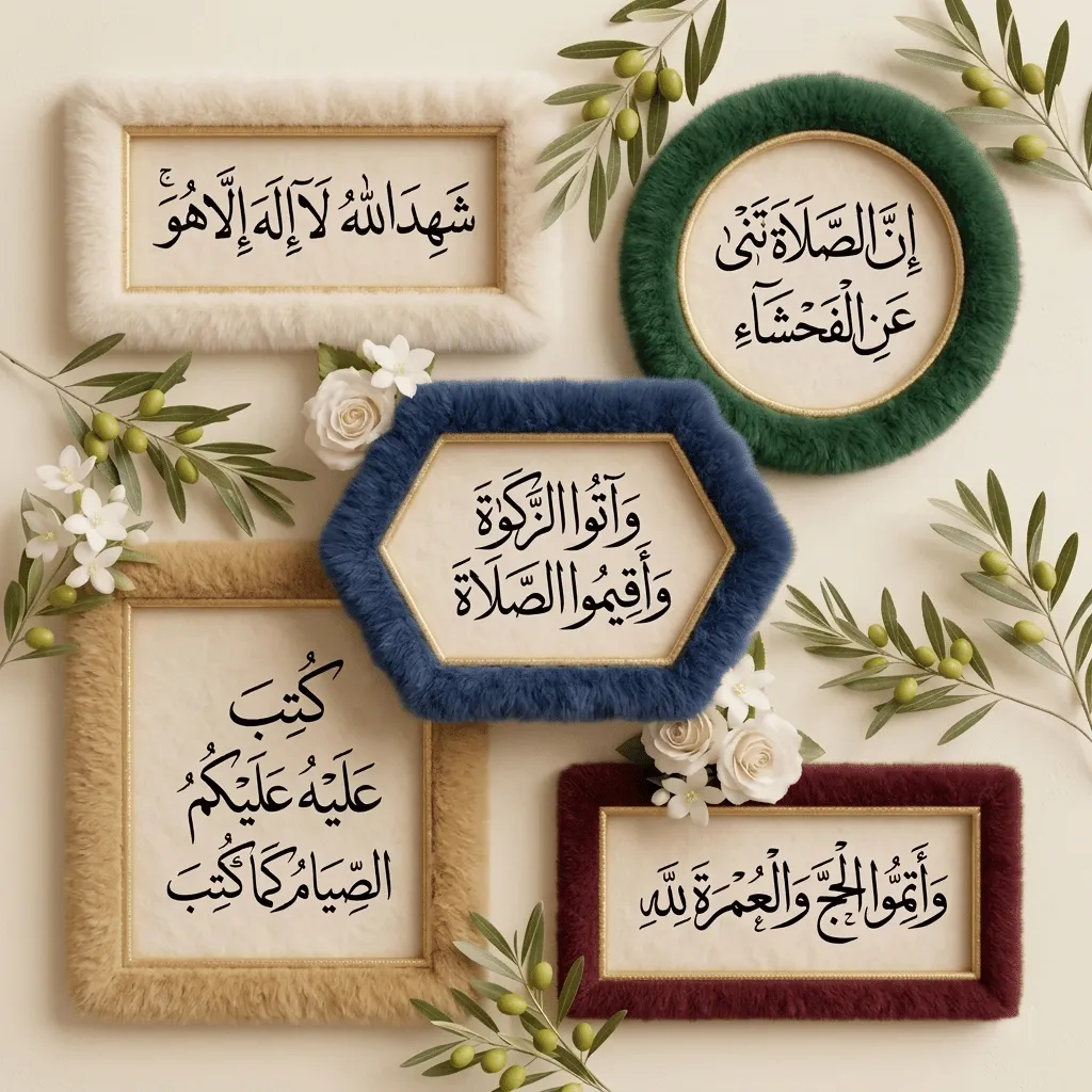 A beautiful arrangement of five textured, colorful frames displaying the Five Pillars of Islam in Arabic Thuluth calligraphy, decorated with green olive branches and white roses on a cream background.
