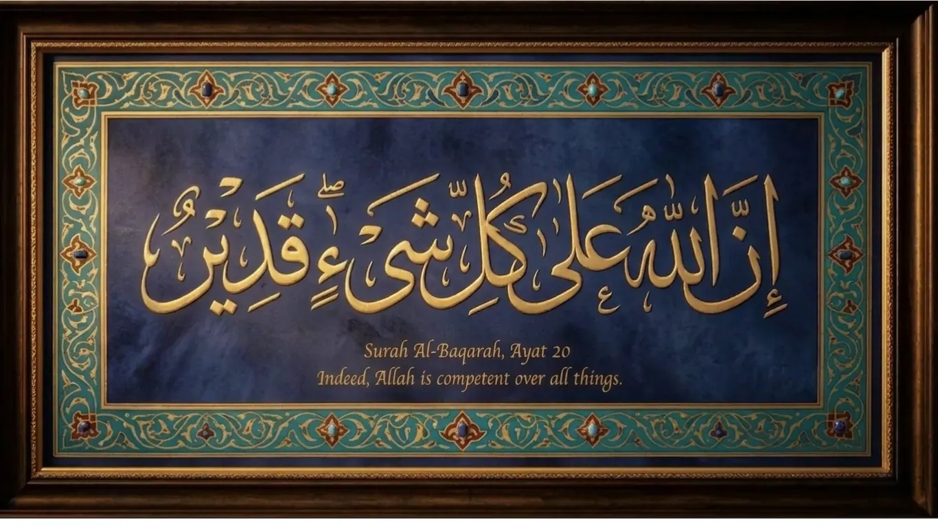 Frontal view of a premium gilded wood frame holding a dimensional golden Thuluth Arabic calligraphy inscription on deep blue textured velvet. The script renders Surah Al-Baqarah, Ayat 20. Below the main calligraphy is English text: "Surah Al-Baqarah, Ayat 20", "Indeed, Allah is competent over all things," followed by "Transliteration: Inna Llāha 'alā kulli shay'in Qadīrun," "Arabic Ref: سورة البقرة، آية 20," and "Index Ref: Q2:20." The border features detailed gilded patterns and turquoise inlays.
