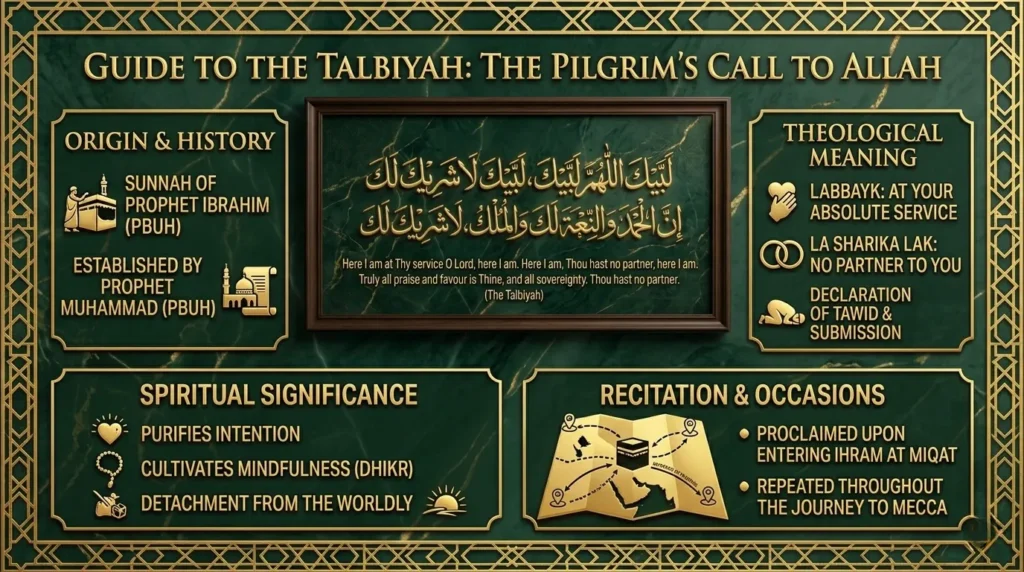 A comprehensive green and gold Islamic infographic titled 'Guide to the Talbiyah: The Pilgrim's Call to Allah' highlighting the history, theological meaning, spiritual significance, and recitation map for Hajj.