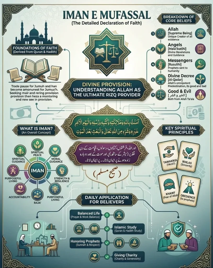 An educational Islamic infographic illustrating "Iman e Mufassal" (The Detailed Declaration of Faith). It features the Arabic dua, its Urdu translation, and an English breakdown of the 7 core Islamic beliefs, alongside charts explaining spiritual principles and daily applications for believers.