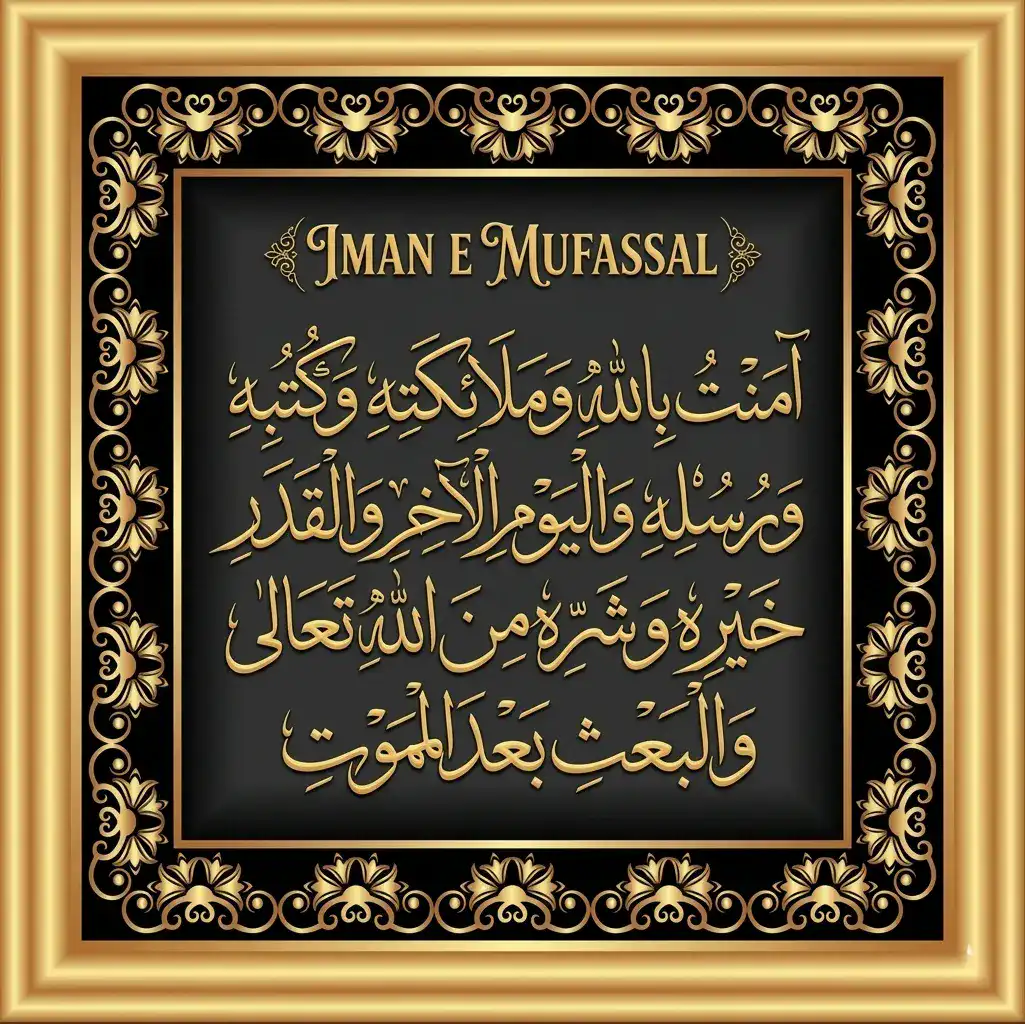 Stunning gold Thuluth Arabic calligraphy of Iman e Mufassal (The Detailed Declaration of Faith) on a dark grey background, enclosed within an ornate golden floral frame with the English title at the top.