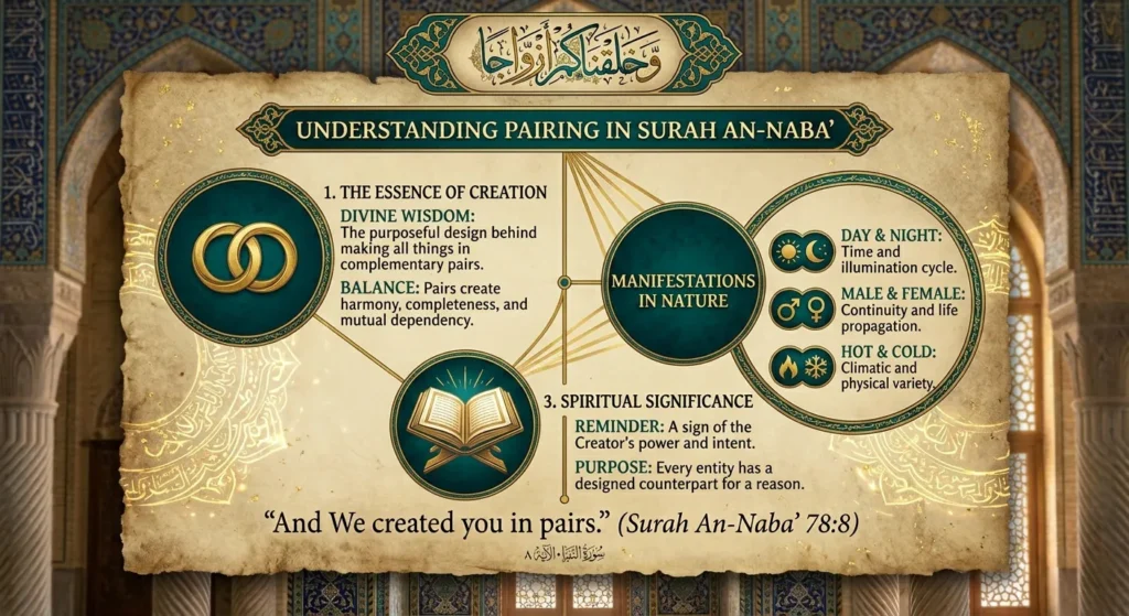 An educational infographic titled "Understanding Pairing in Surah An-Naba’" on a parchment background. It explains Quranic Verse 78:8 using three sections: 1. The Essence of Creation (Harmony and Balance), 2. Manifestations in Nature (Day/Night, Male/Female, Hot/Cold), and 3. Spiritual Significance.