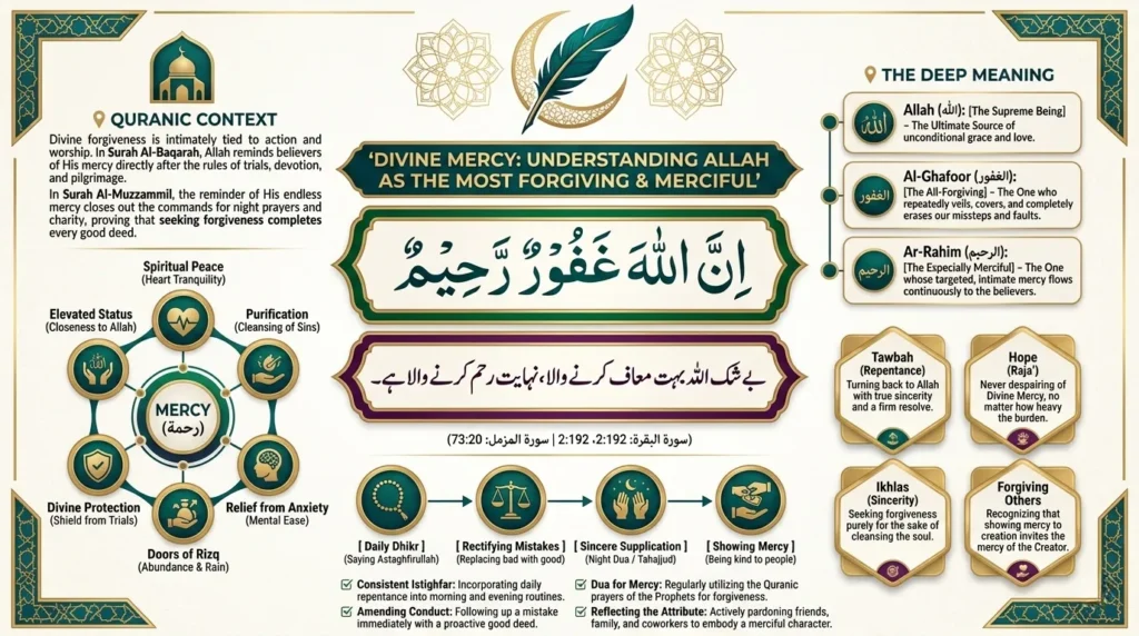 Detailed Islamic infographic about Divine Mercy featuring Thuluth calligraphy of Innallaha Gafoorur Rahim, Urdu translation, and verses from Surah Al-Baqarah and Surah Al-Muzzammil.