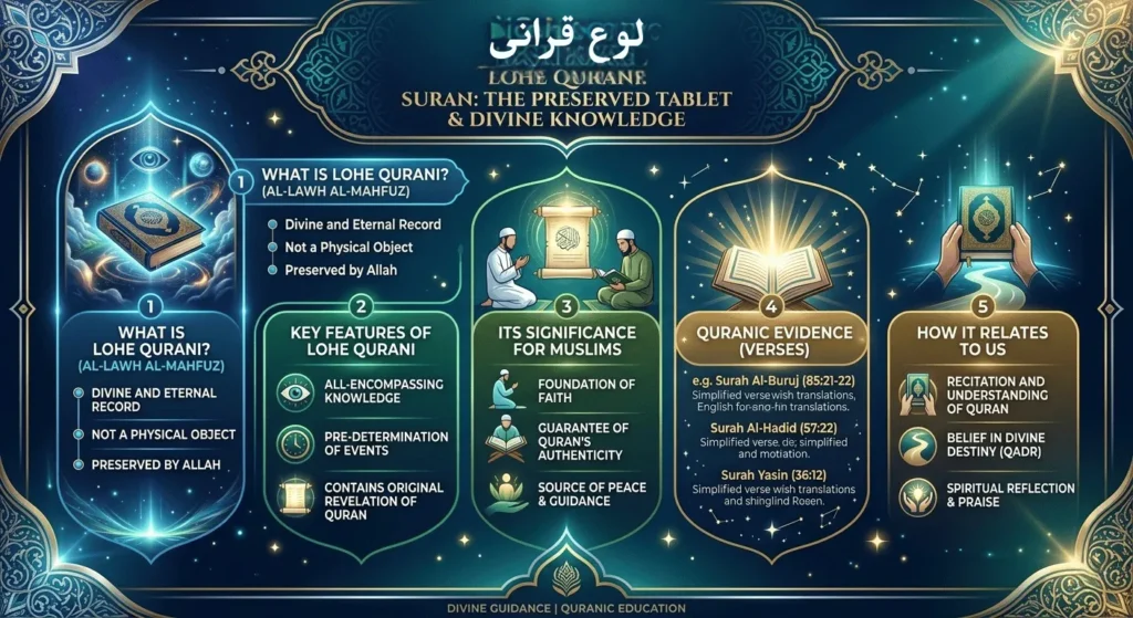 An educational infographic detailing Lohe Qurani (The Preserved Tablet), featuring sections on its meaning, key features, significance for Muslims, and supporting Quranic evidence.