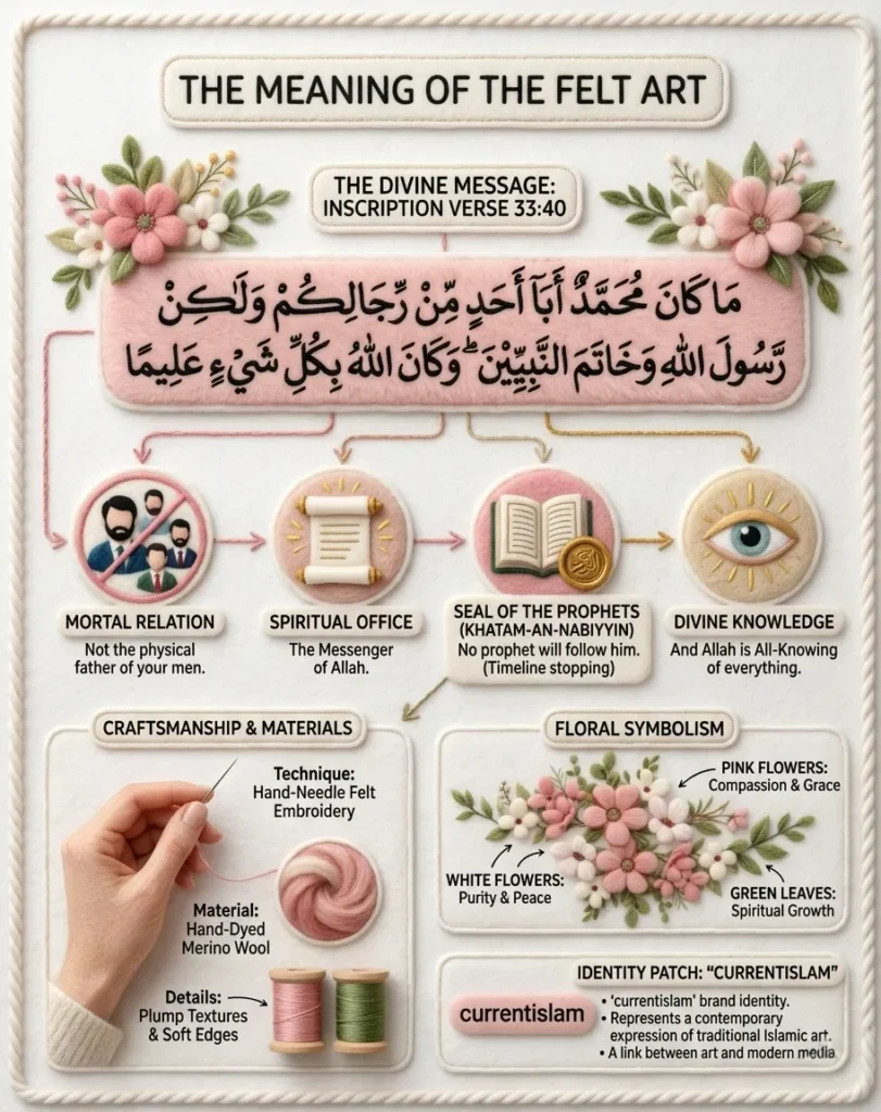 An educational infographic titled "The Meaning of the Felt Art" detailing the breakdown of Verse 33:40, Merino wool craftsmanship, floral symbolism meanings, and the currentislam brand identity.