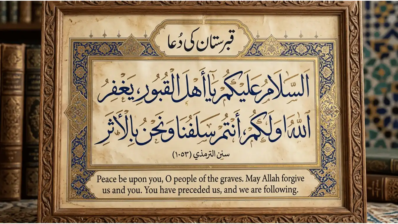 Beautiful Islamic calligraphy of Qabristan Ki Dua in Arabic with English translation and Tirmidhi reference.