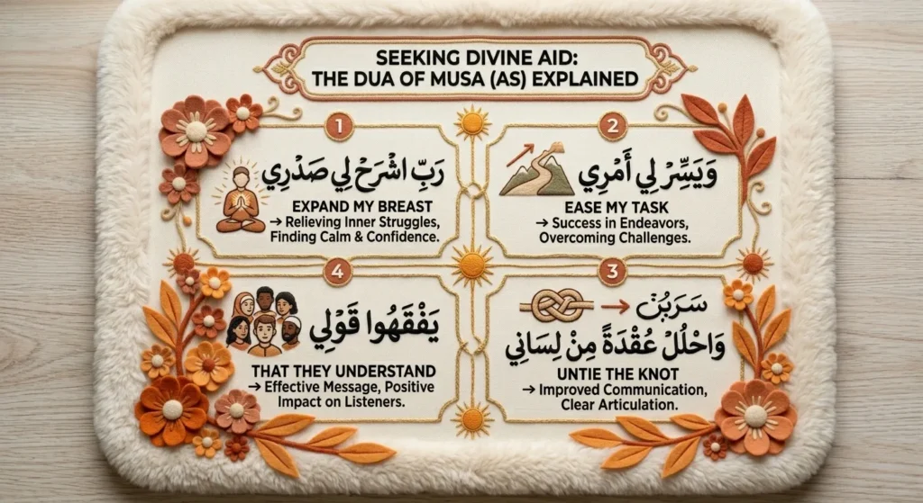 Educational infographic explaining the four parts of the Dua of Prophet Musa from Surah Ta-Ha verses 25-28, featuring Arabic text, English translation, and visual icons for inner peace, overcoming challenges, and clear communication.