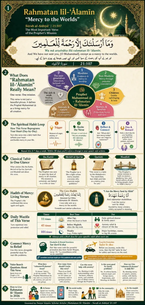 Rahmatan lil Alameen infographic explaining Surah Al-Anbiya 21:107 meaning, tafsir, hadith, and daily wazifa in Islamic design