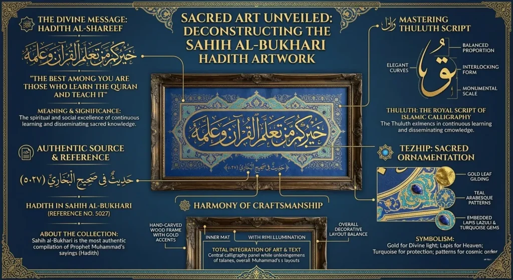Educational Islamic infographic analyzing a blue and gold Sahih al-Bukhari Hadith calligraphy artwork in Thuluth Arabic script with detailed explanations of ornamentation and symbolism.