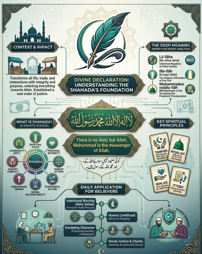 A detailed educational infographic explaining the Shahada. It features sections on the word-for-word meaning, key spiritual principles like Tawhid and Risalah, holistic daily applications for believers, and central Arabic calligraphy of the declaration of faith.